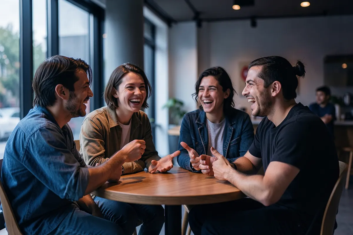 Um grupo de pessoas sorrindo e conversando em um café.