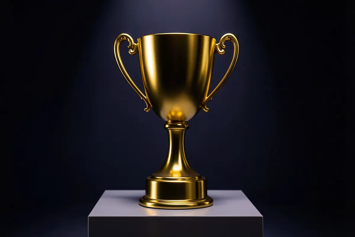 Um troféu dourado brilhante em um pódio.