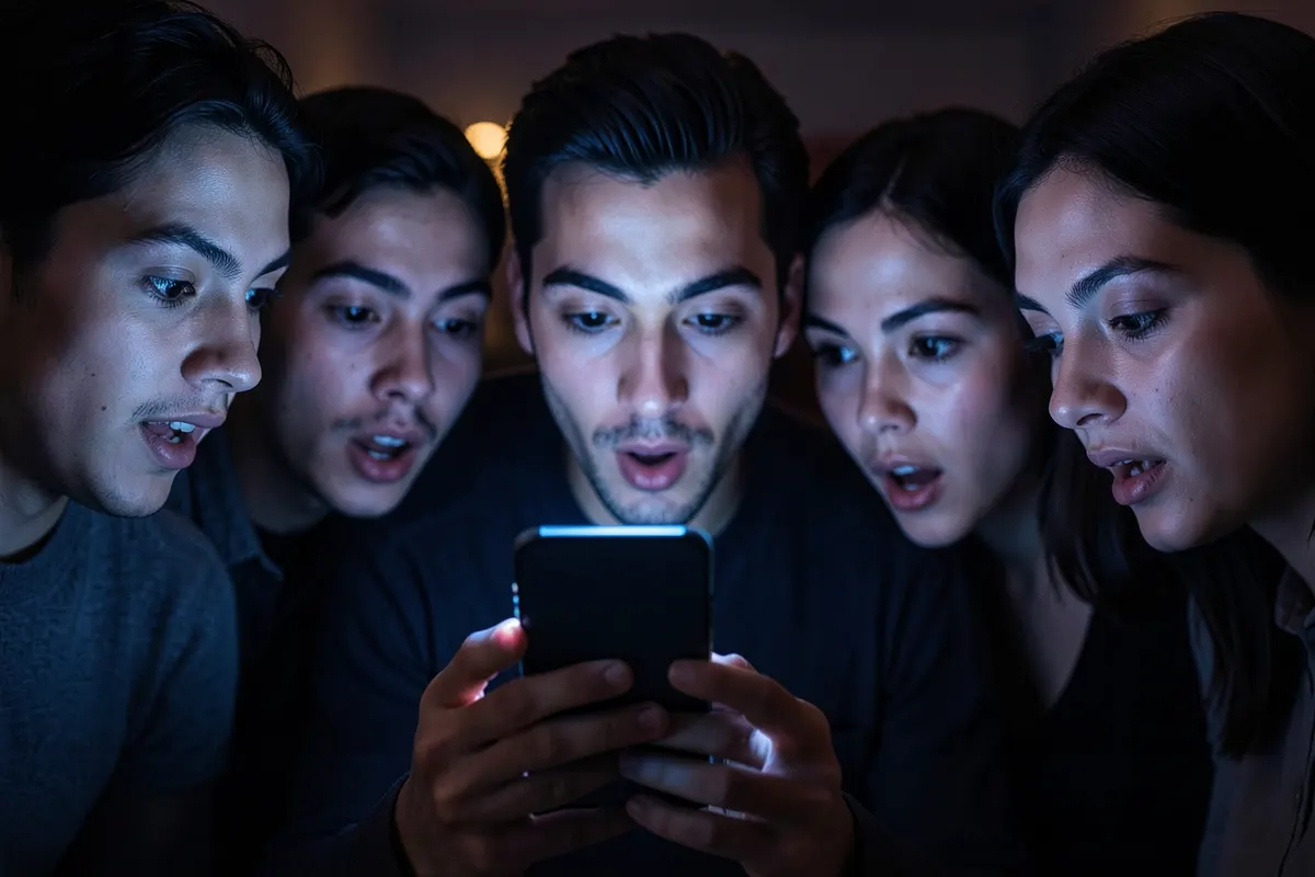 Grupo de pessoas diversas olhando para um smartphone com expressões de surpresa e interesse.