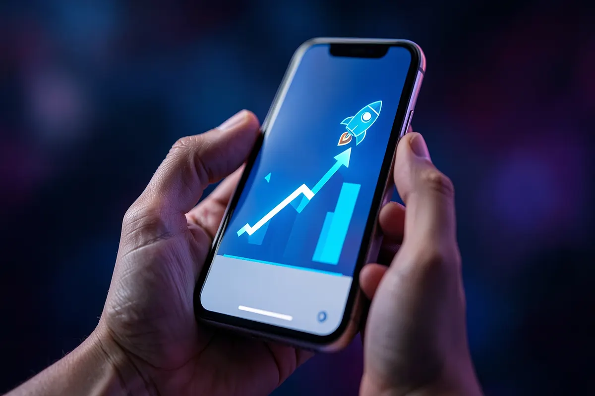 Mão segurando um celular exibindo um gráfico de engajamento viral subindo.