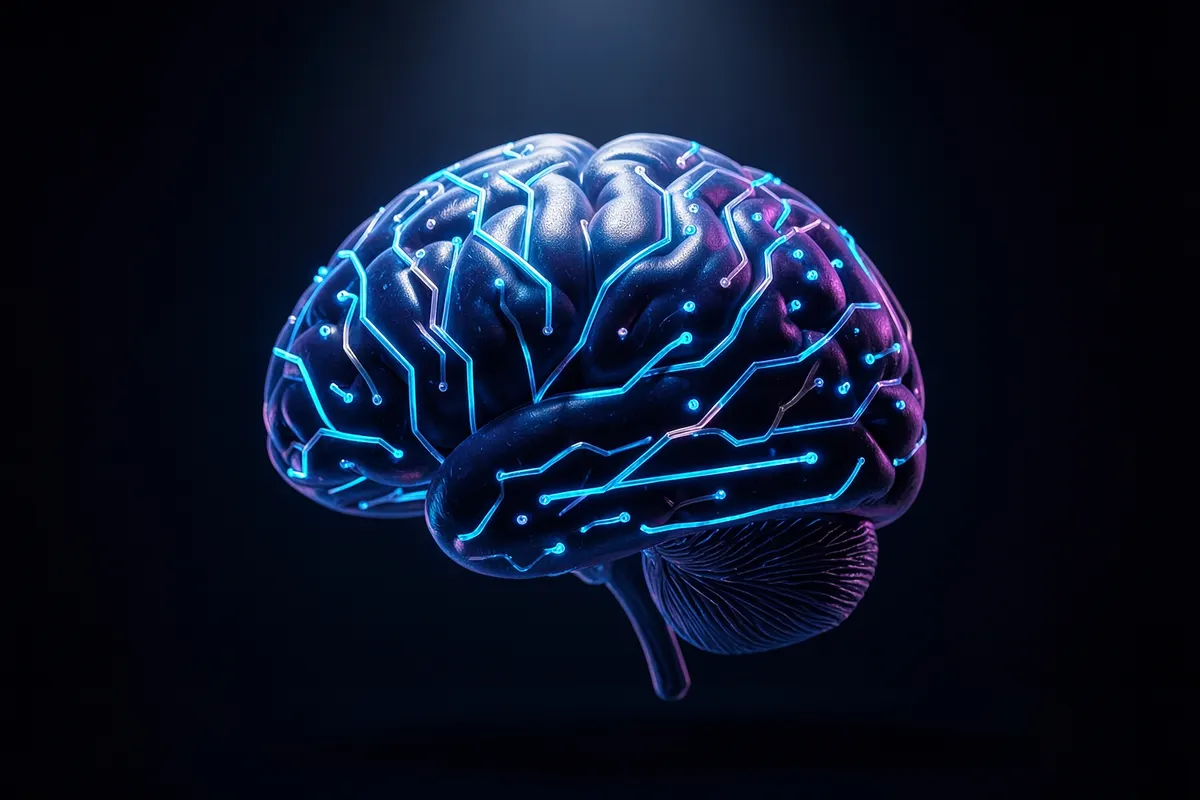 Um cérebro humano estilizado com circuitos digitais integrados, em plano médio, com luz de estúdio vindo de cima, em um momento de representação conceitual.
