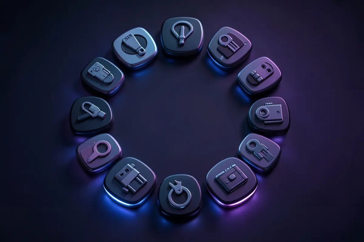 Um conjunto de ícones de ferramentas digitais organizados em um círculo, em plano detalhado, com luz de LED vindo de baixo, em um momento de apresentação de opções.