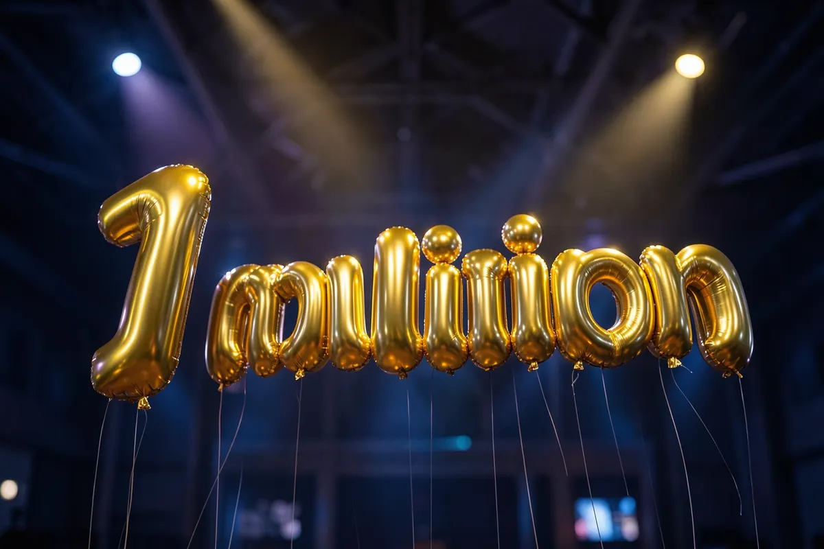 Um número "1 milhão" formado por balões dourados flutuantes, em plano amplo, com luz de evento vindo de cima, em um momento de celebração de conquista.