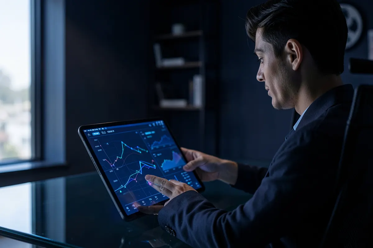 Pessoa analisando métricas em um tablet com gráficos, em um ambiente de escritório moderno.