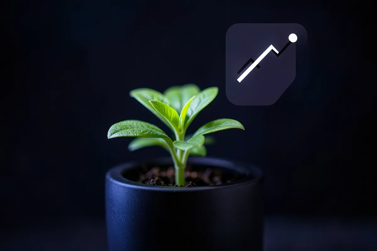 Planta crescendo em um vaso, simbolizando crescimento, com um ícone de gráfico sobreposto.