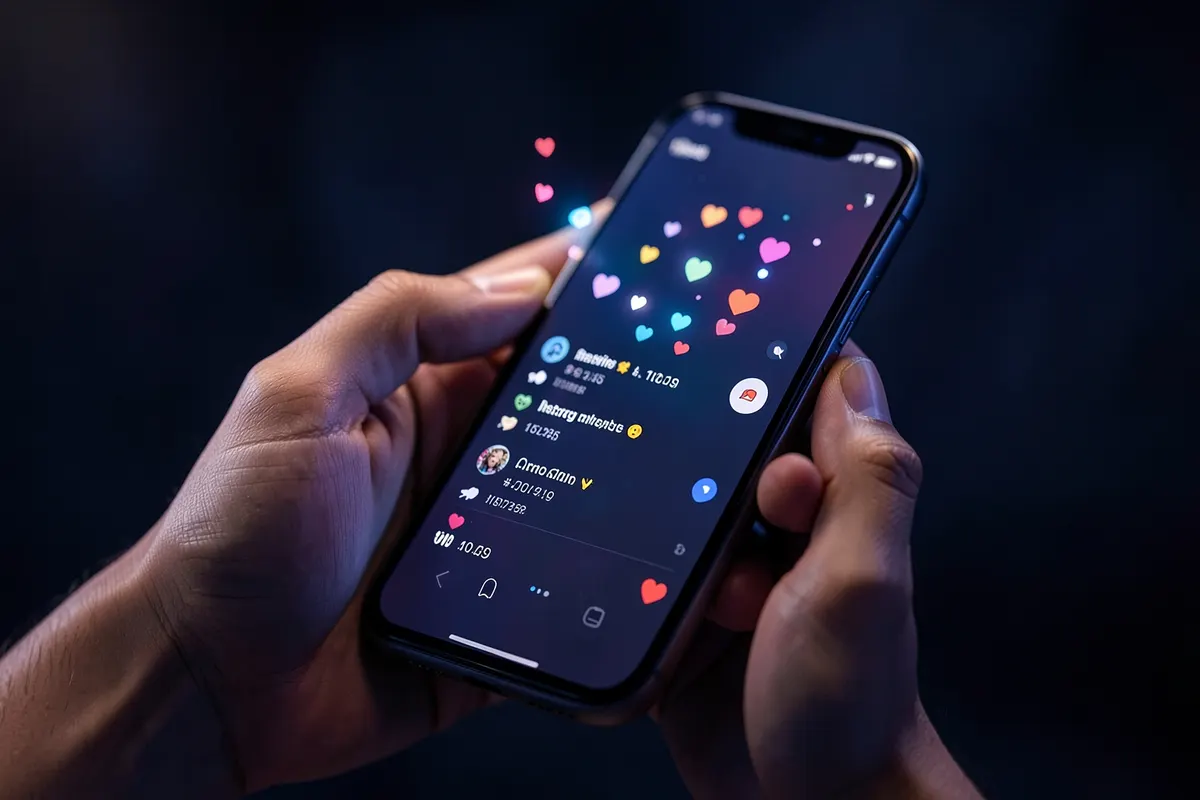 Mãos segurando um smartphone exibindo o painel de métricas do Instagram, com ícones de engajamento ao redor.