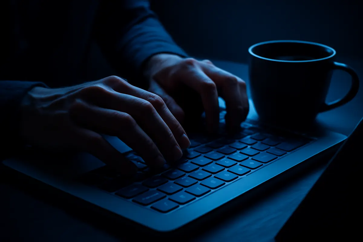 Uma pessoa escrevendo em um teclado de computador com uma xícara de café ao lado