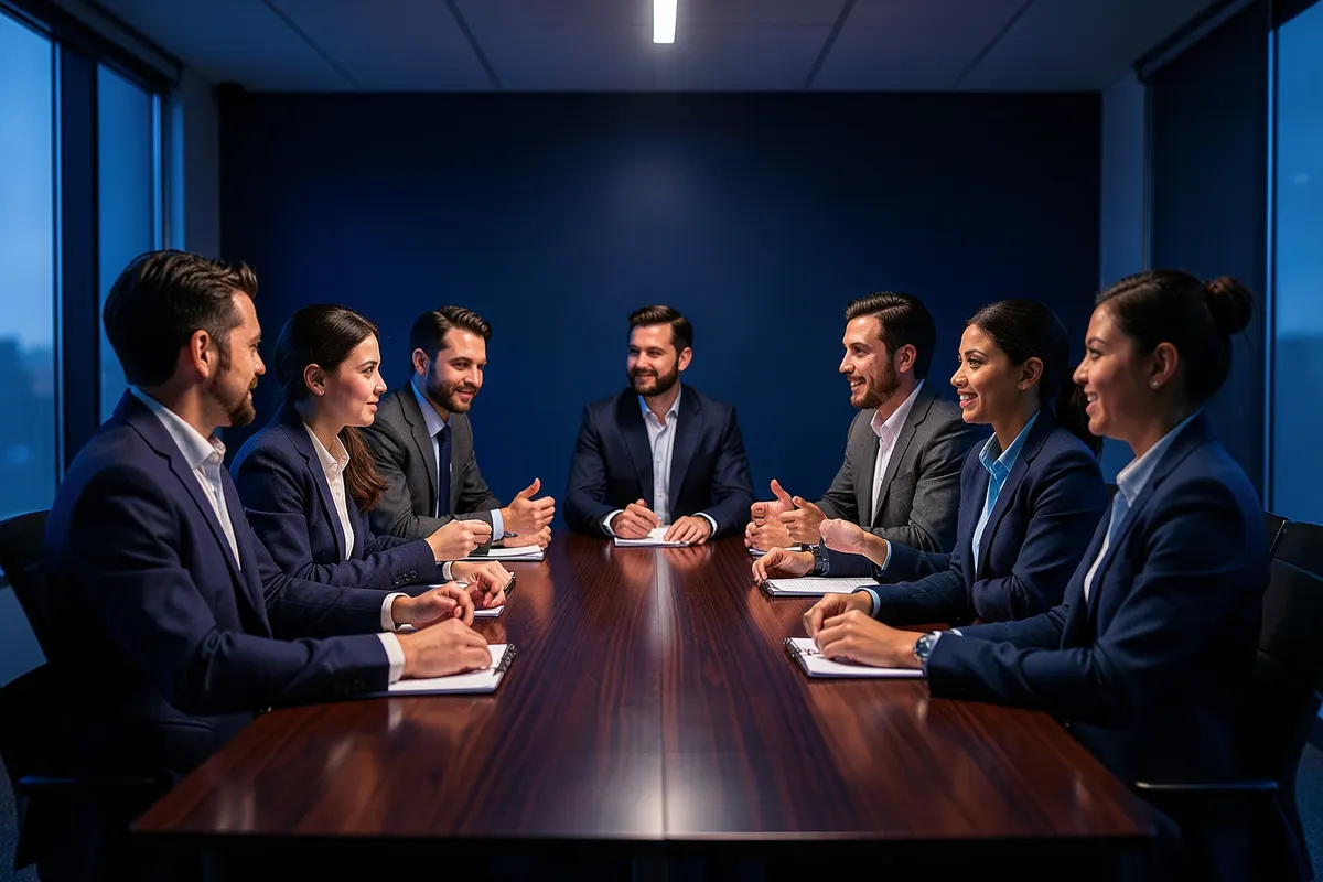 Um grupo de pessoas diversas reunidas discutindo ideias em uma sala de reunião
