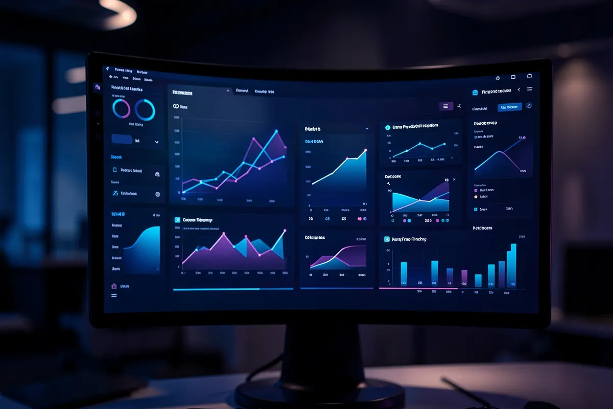 Um painel de análise com gráficos e números em uma tela de computador