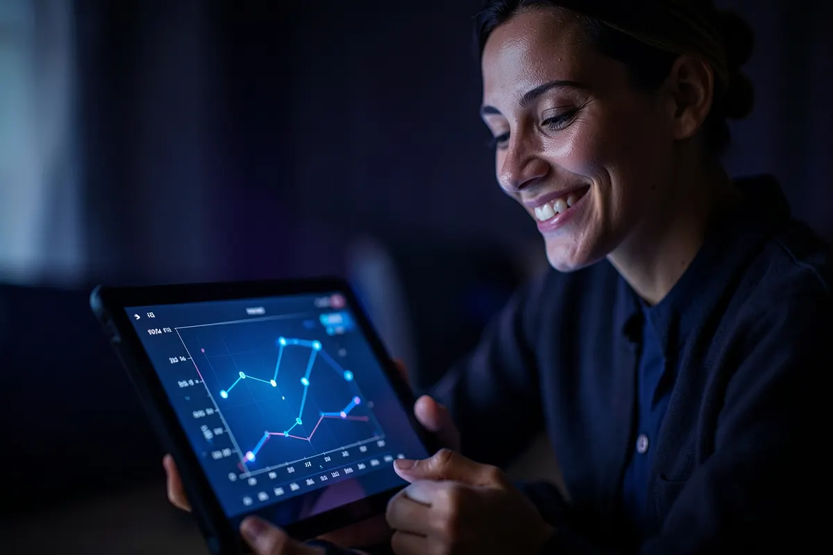 Uma pessoa sorrindo enquanto olha para um gráfico de crescimento em um tablet