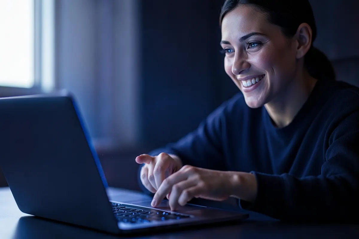 Uma pessoa sorrindo e apontando para a tela de um laptop.