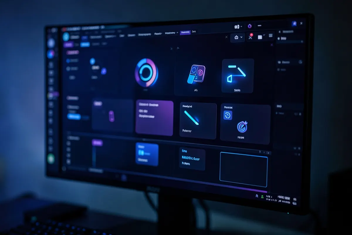Interface de um software de edição de vídeo com ferramentas de IA destacadas.