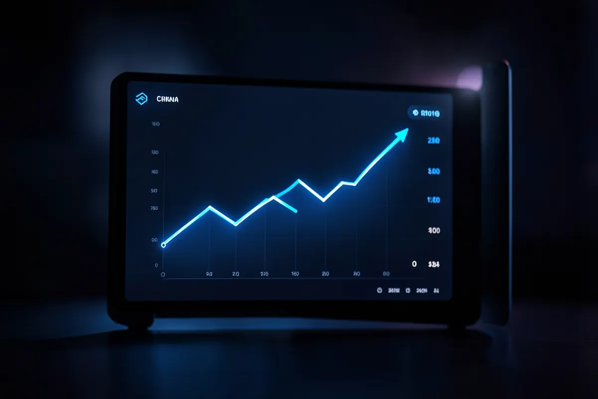 Gráficos de crescimento subindo em um painel digital, representando o sucesso de um vídeo.