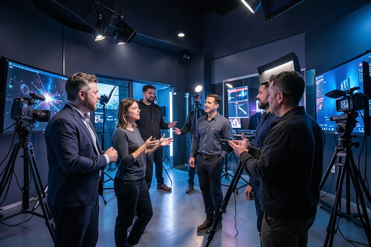 Uma equipe colaborando em um estúdio de produção de vídeo moderno.