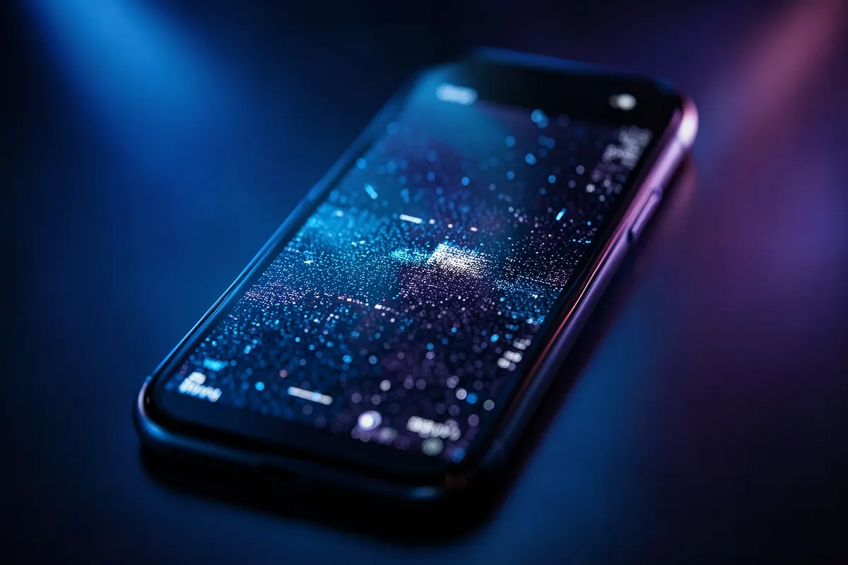 Close-up de um celular exibindo um vídeo com baixa resolução e pixelado.