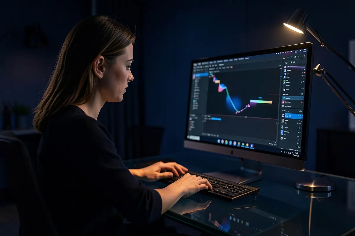 Mulher ajusta configurações em um software de edição de vídeo em um computador.