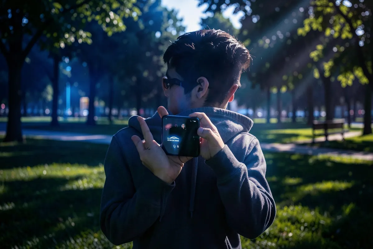Pessoa grava vídeo com smartphone em um parque ensolarado.