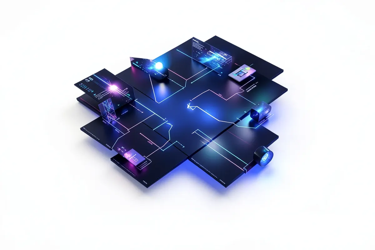 Diagrama simplificado mostrando um fluxo de trabalho de produção de vídeo com etapas de IA.