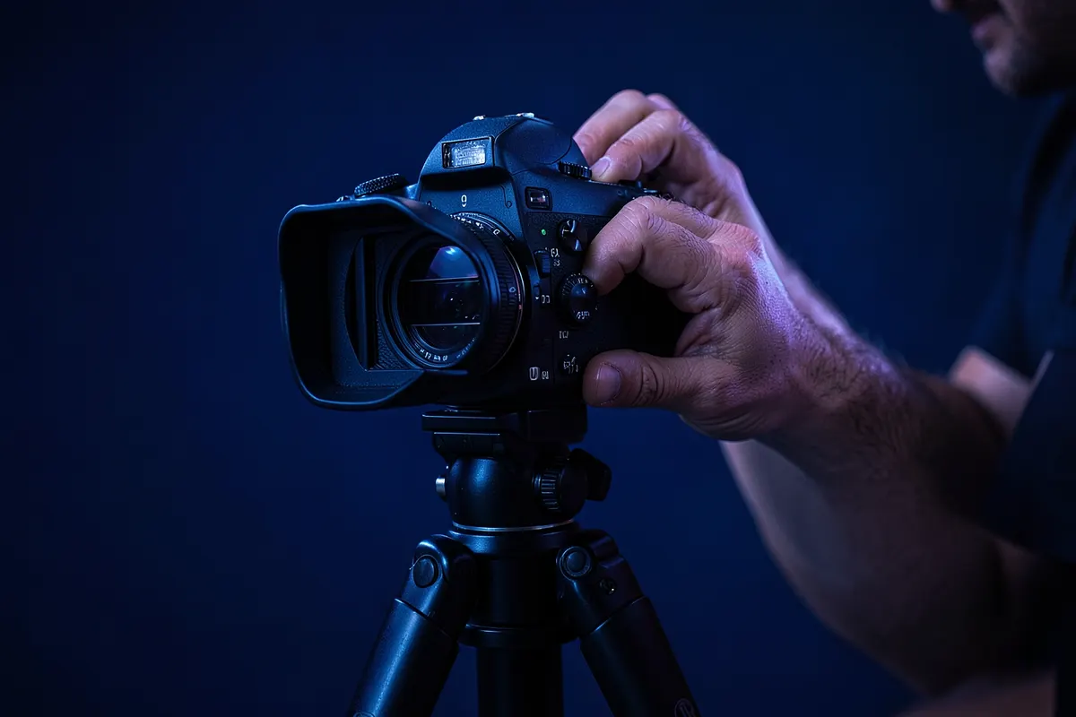 Pessoa gravando vídeo com câmera profissional em um estúdio.