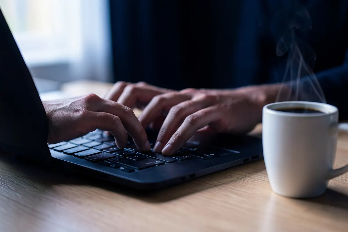 Pessoa escrevendo em um notebook com uma xícara de café ao lado, em uma mesa de madeira clara