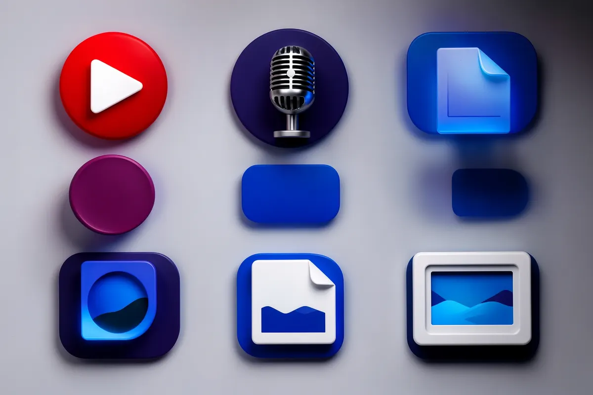 Mosaico de ícones representando diferentes formatos de conteúdo digital: vídeo, áudio, texto e imagem