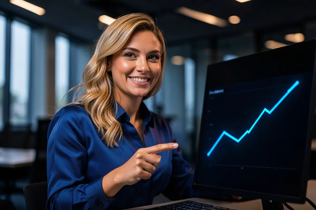 Mulher sorrindo e apontando para um gráfico de crescimento em uma tela de computador, em um escritório moderno