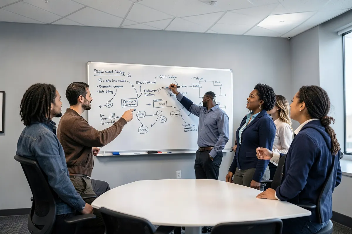 Equipe colaborando em torno de um quadro branco com anotações e diagramas sobre estratégia de conteúdo digital, plano médio.