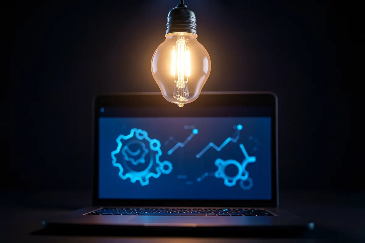 Lâmpada acesa acima de um laptop com ícones de engrenagem e gráficos, representando otimização.