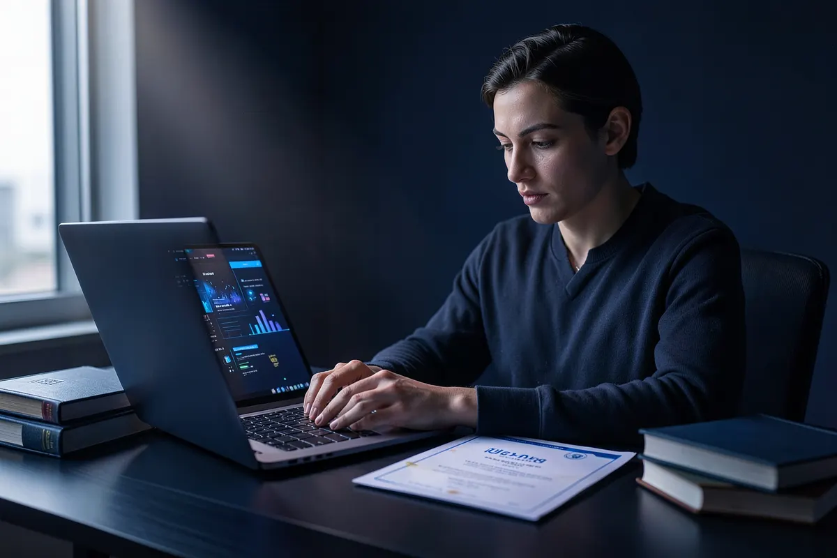 Pessoa estudando em um laptop com livros e um certificado de curso ao lado, em uma mesa organizada.
