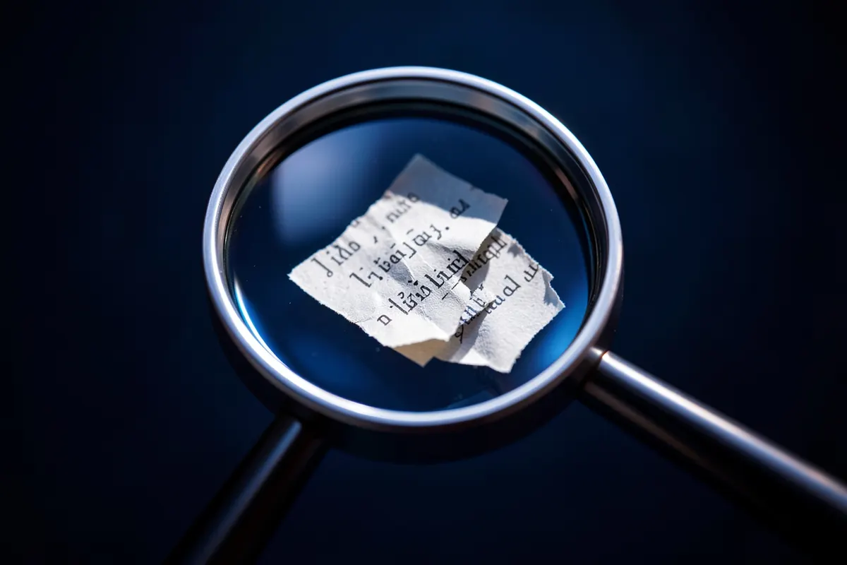 Uma lupa examinando um pequeno pedaço de papel com um texto ilegível.