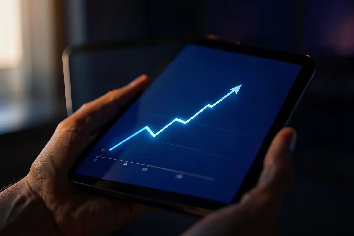 Uma mão segurando um tablet que exibe um gráfico de crescimento.