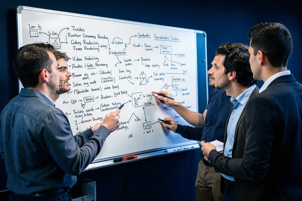 Equipe de criadores de conteúdo discutindo ideias em frente a um quadro branco com anotações sobre vídeos.