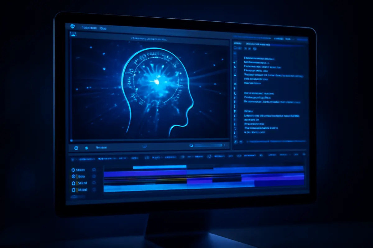 Tela de computador exibindo um software de edição de vídeo com elementos de inteligência artificial, como linhas de código e gráficos abstratos.