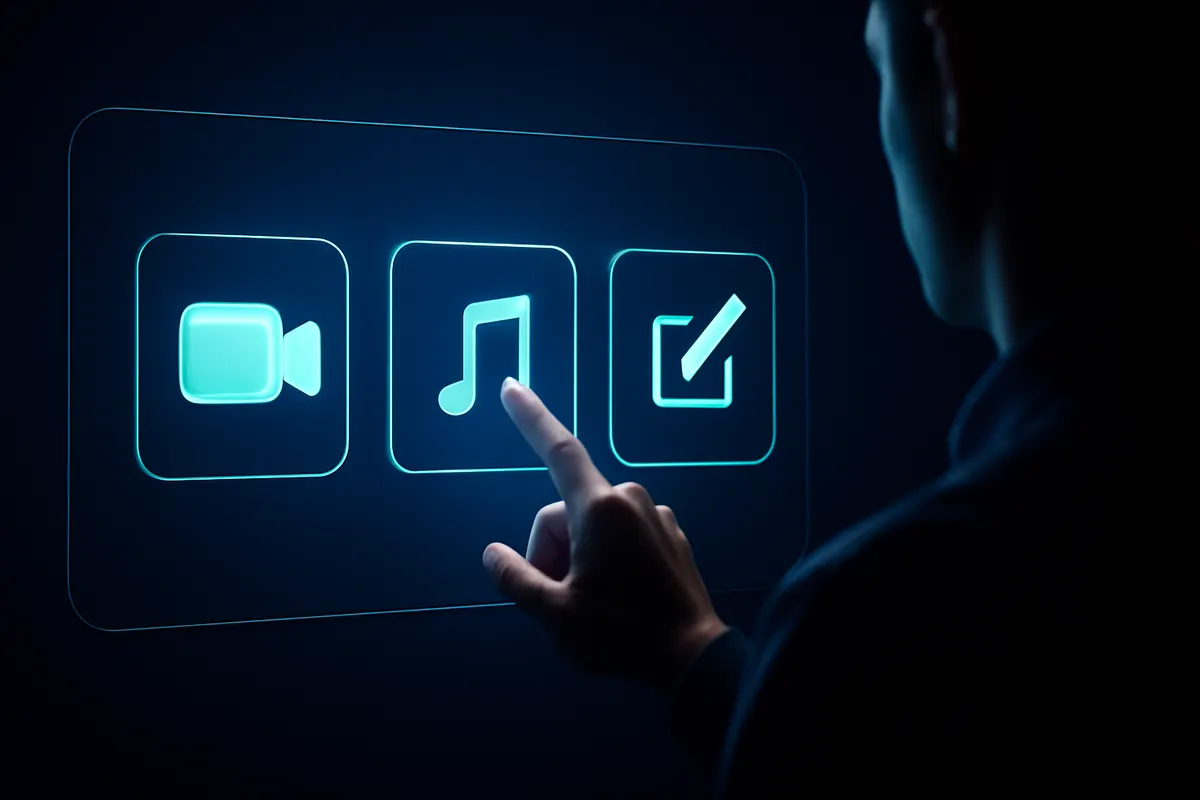 Pessoa escolhendo entre diferentes categorias de ferramentas de IA em uma interface digital, com ícones representando vídeo, áudio e edição.