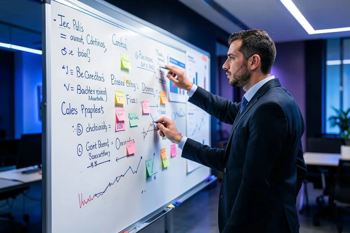 Homem planejando uma estratégia de conteúdo para redes sociais em um quadro branco com post-its e gráficos.