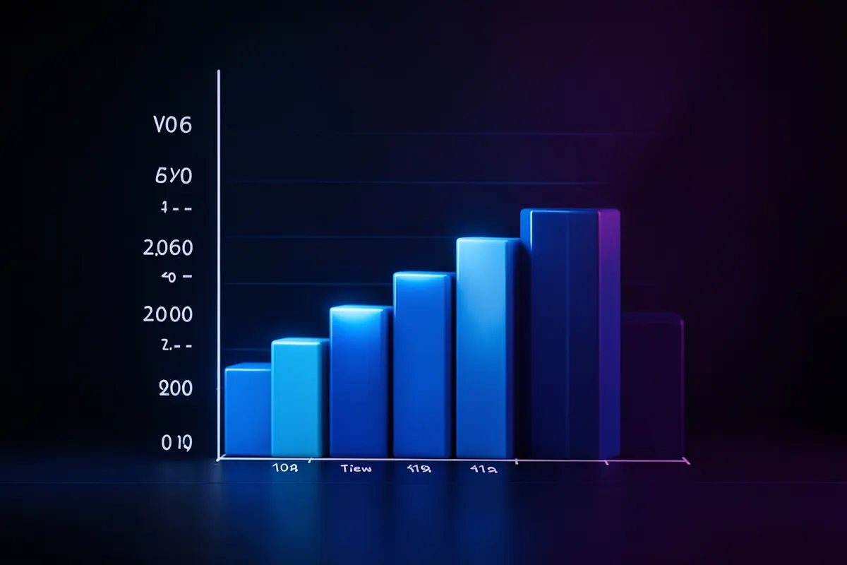 Gráfico de barras mostrando um aumento exponencial de visualizações de vídeo ao longo do tempo, com um selo de "garantia".