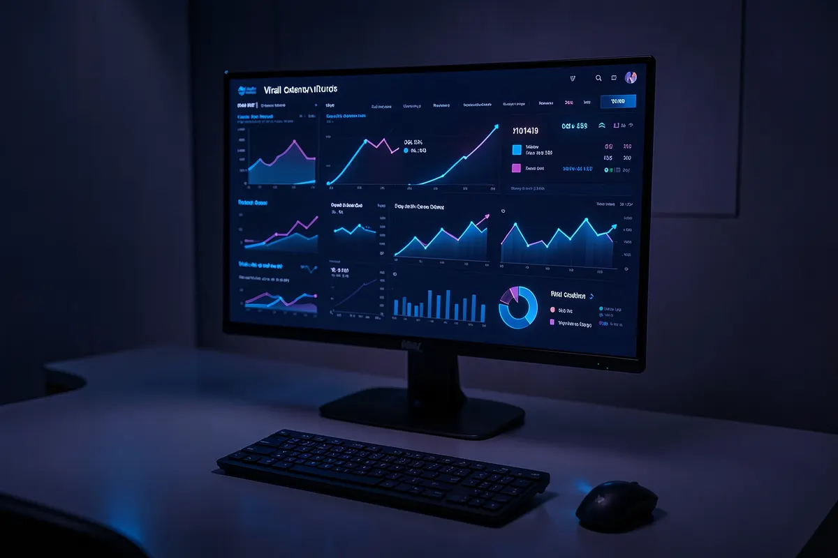 Um painel de controle com vários gráficos e métricas, mostrando o sucesso de um conteúdo viral, em um ambiente de negócios.