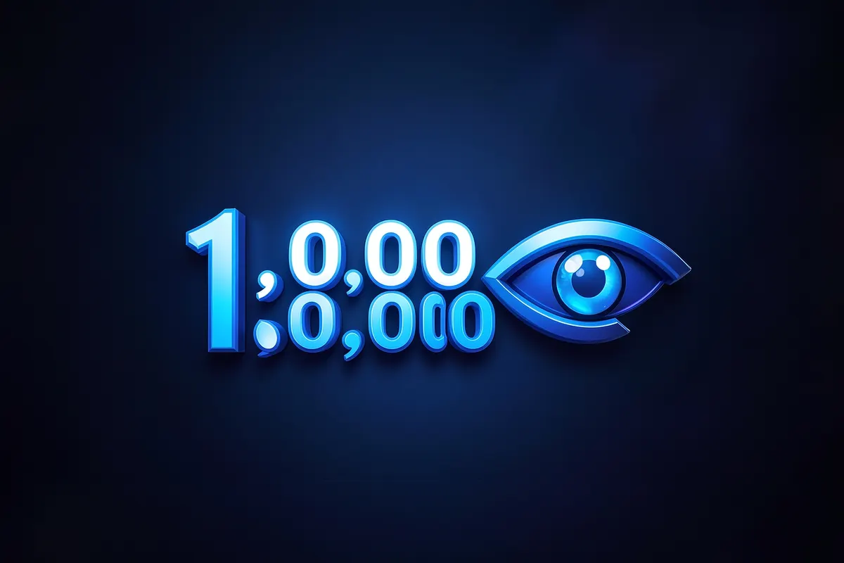 Um grande número "1M" com um ícone de olho ao lado, representando um milhão de visualizações, em um fundo limpo e moderno.