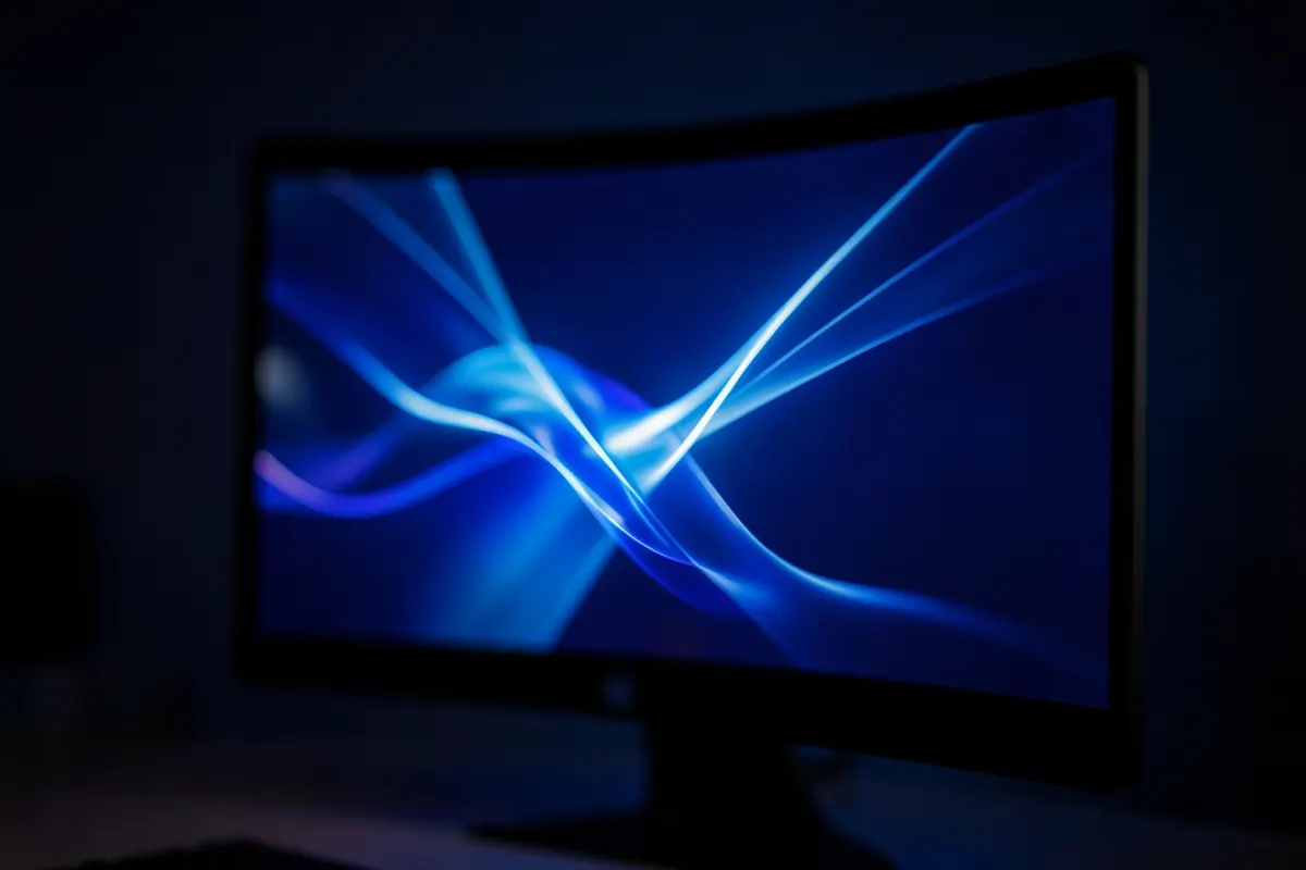 Tela de computador exibindo um vídeo com elementos gráficos de IA em movimento.
