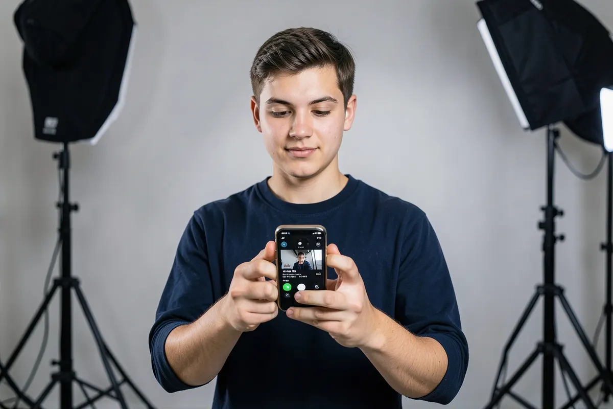 Jovem gravando um vídeo com smartphone em um estúdio caseiro com iluminação profissional.