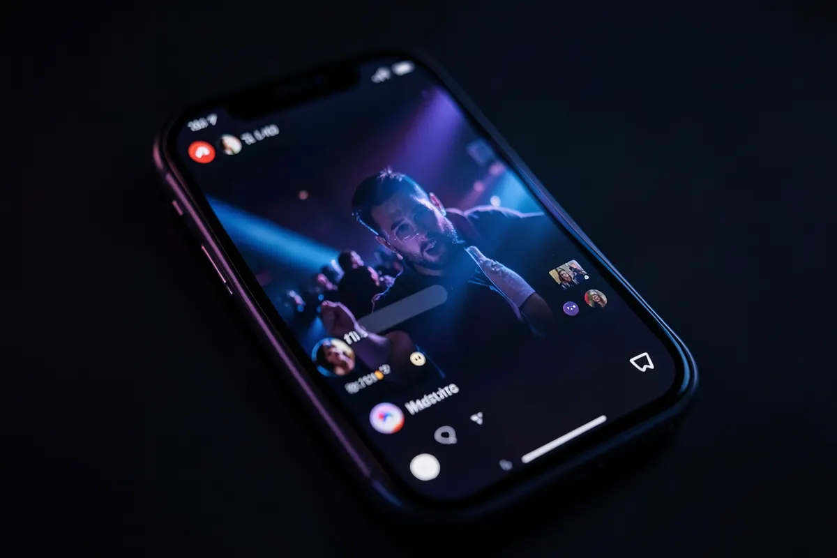 Tela de celular exibindo o aplicativo Reels com um vídeo de IA em reprodução e curtidas.
