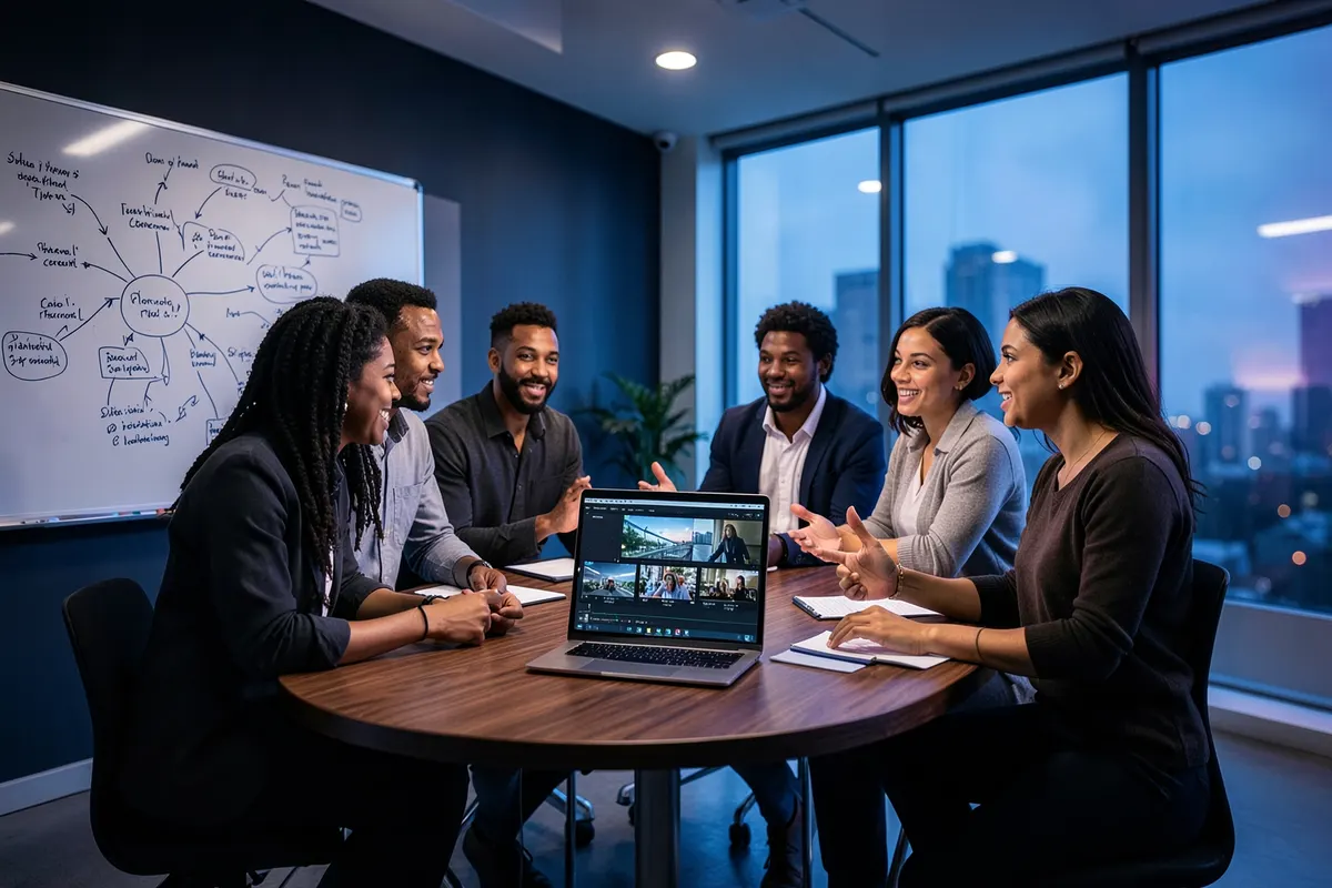 Equipe colaborando em um projeto de vídeo com um quadro branco e um laptop.