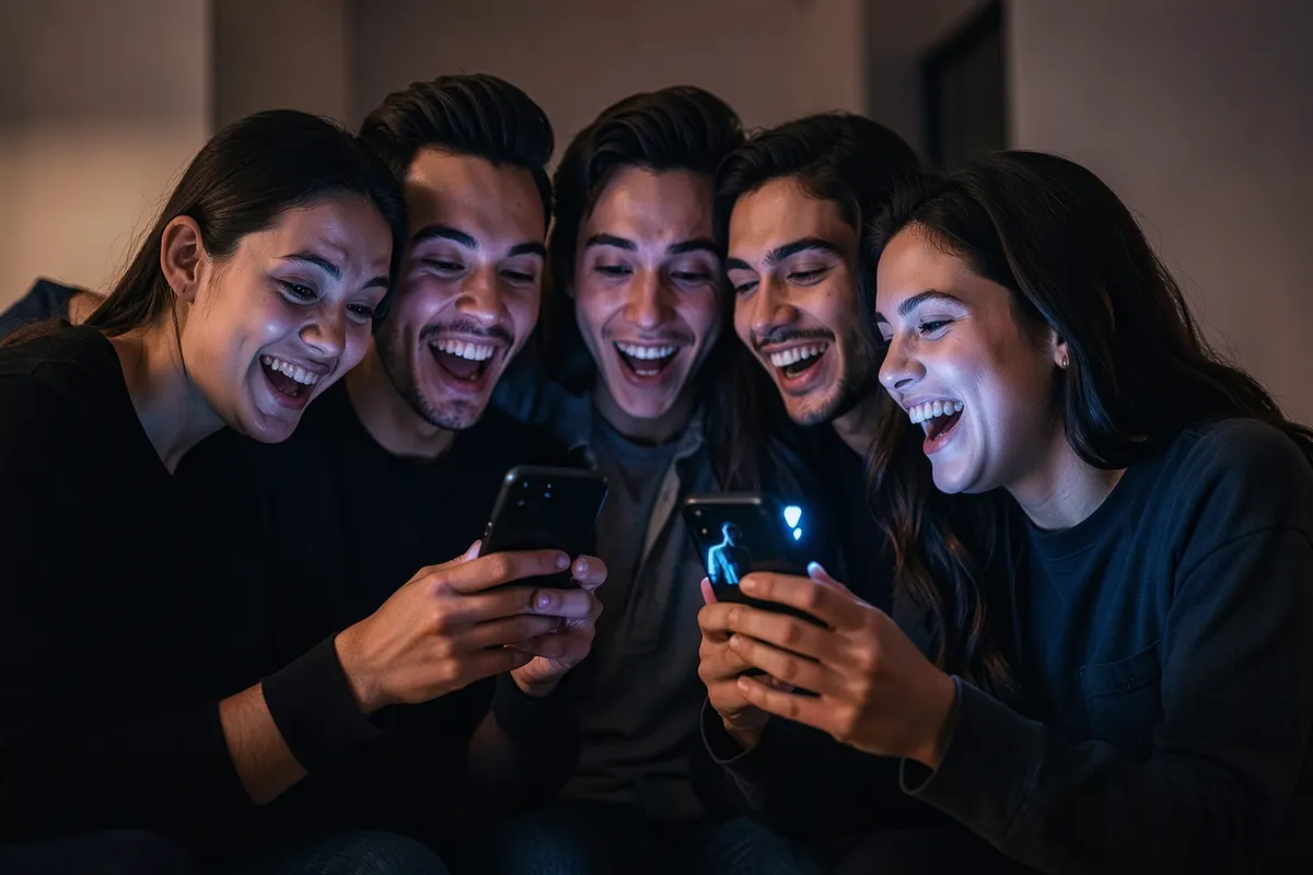 Pessoas diversas reagindo com alegria e surpresa ao assistir a vídeos em seus celulares.