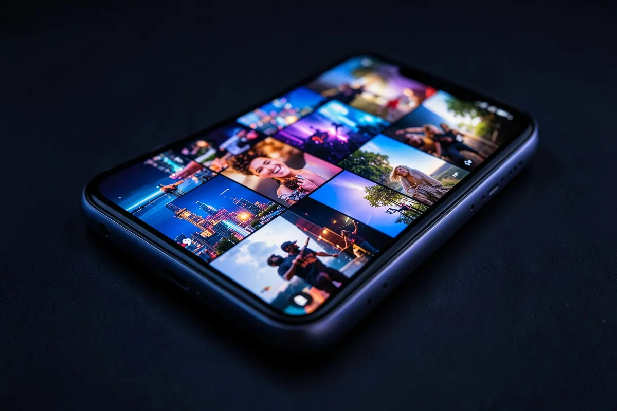 Sequência de clipes curtos e dinâmicos em um celular, mostrando diferentes estilos de conteúdo de Reels.