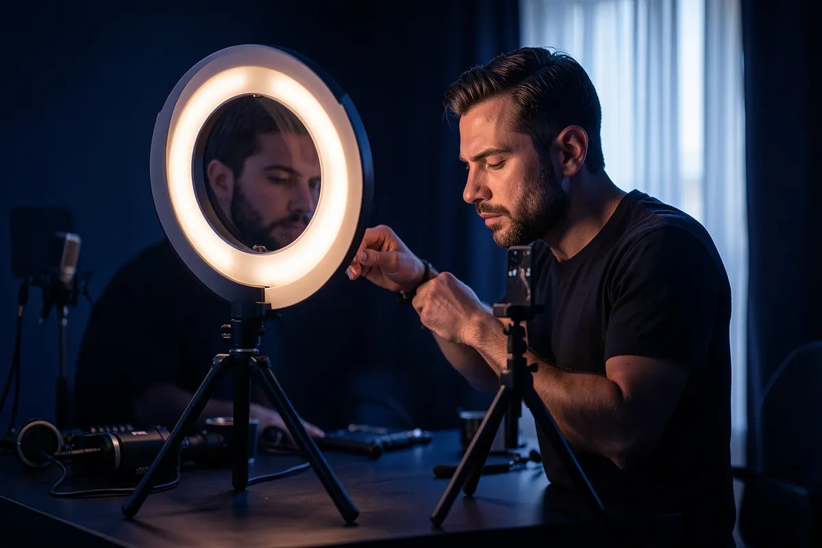 Homem ajustando a iluminação de um ring light para gravar um vídeo, com um celular montado em um tripé ao lado.