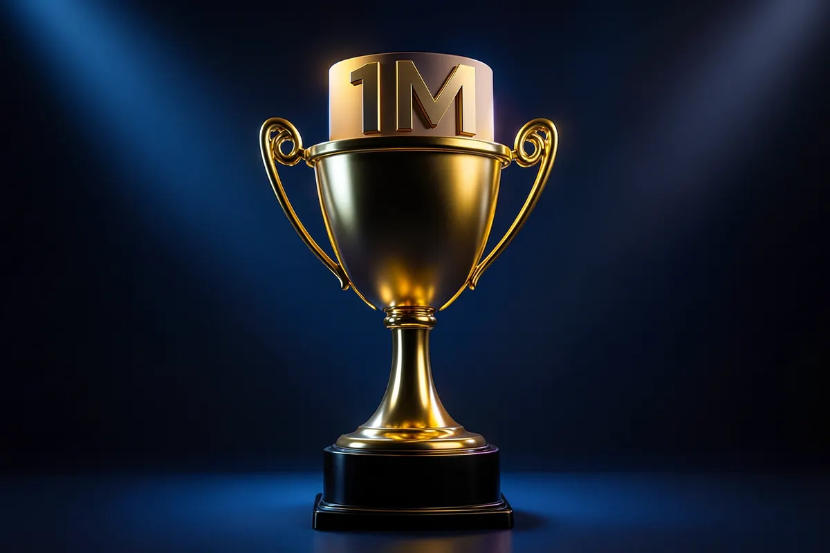 Um troféu dourado com um número "1M" em destaque, simbolizando um milhão de visualizações.