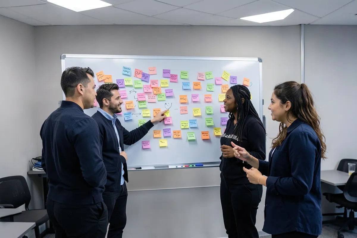 Equipe discutindo estratégias de conteúdo em sala de reunião.