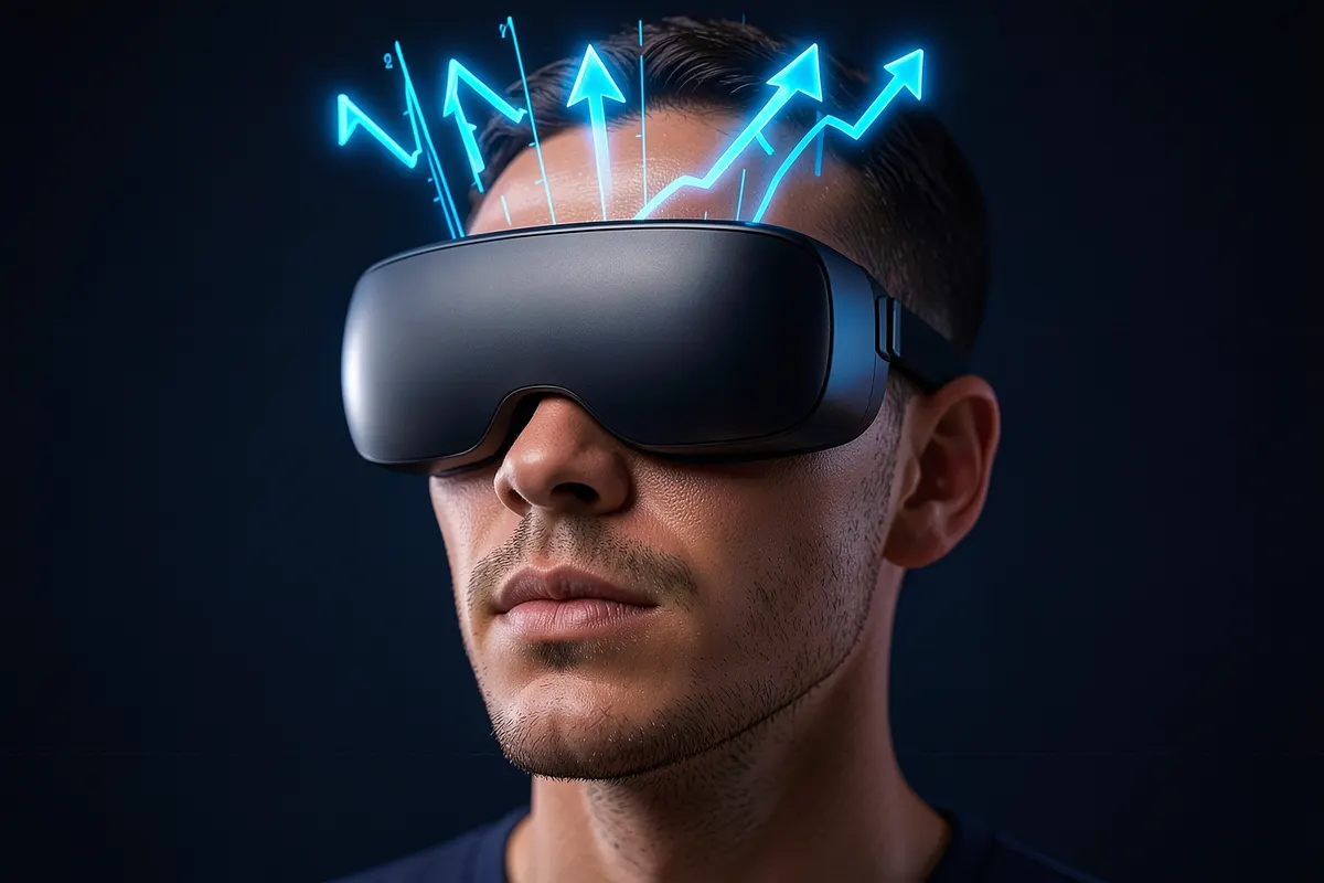 Uma pessoa usando óculos de realidade virtual, com gráficos de crescimento e setas apontando para cima emanando de sua cabeça.