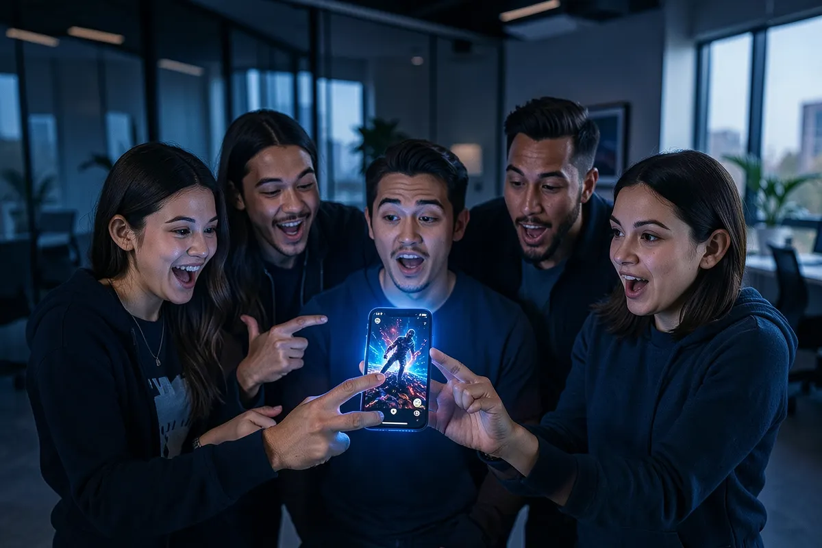 Pessoas diversas reagindo com surpresa e engajamento a um vídeo em um celular.