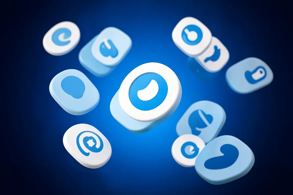 Conjunto de hashtags populares em formato de etiquetas flutuantes sobre um fundo azul abstrato.